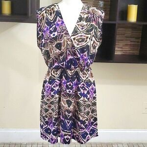 Charlie Jade Silky Abstract Boho Print Surplice Top Flare Mini Dress M